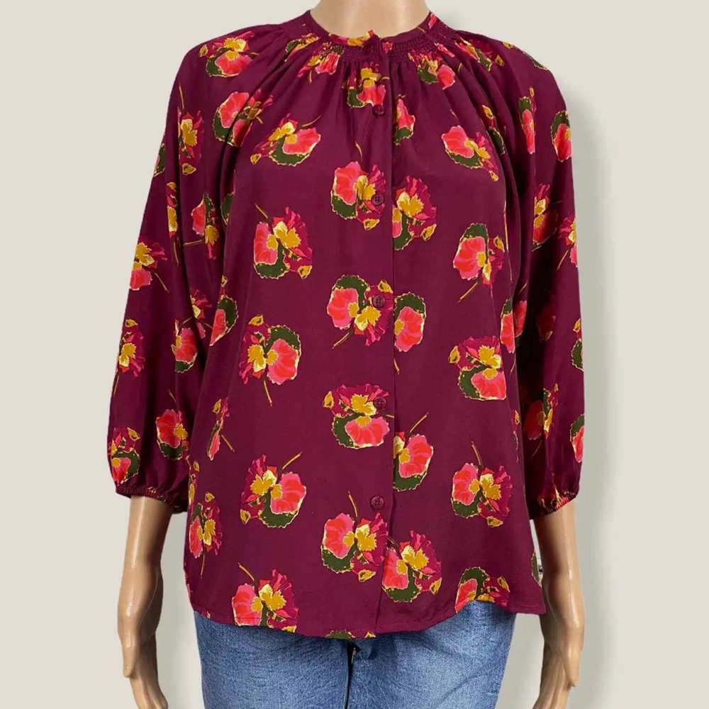 Tucker For Target Floral Print Peasant Blouse Button Shirt Small Magenta…
